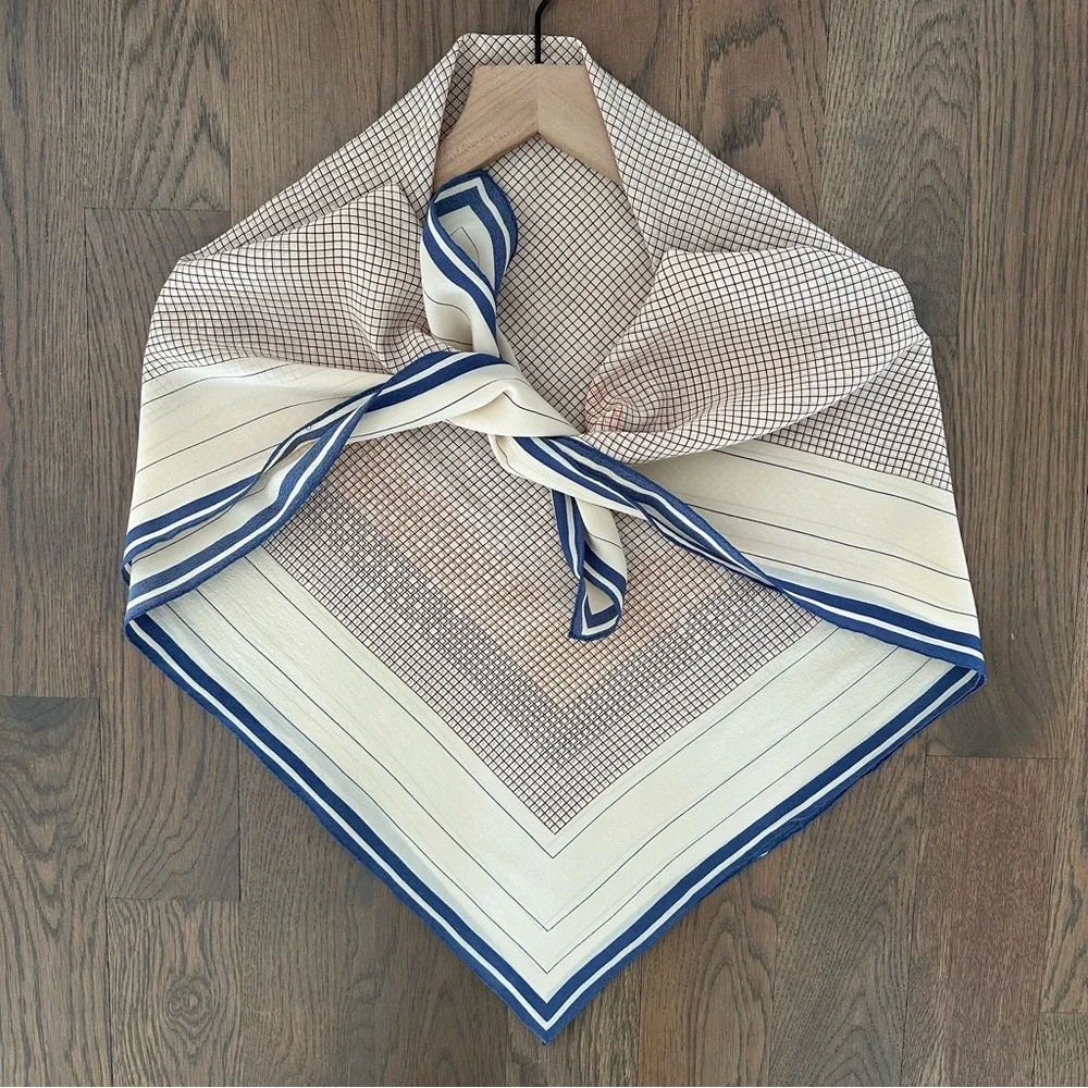 Vintage Anthro 100% Silk Crepe Scarf Grid Print Cream, Rust, Blue 34